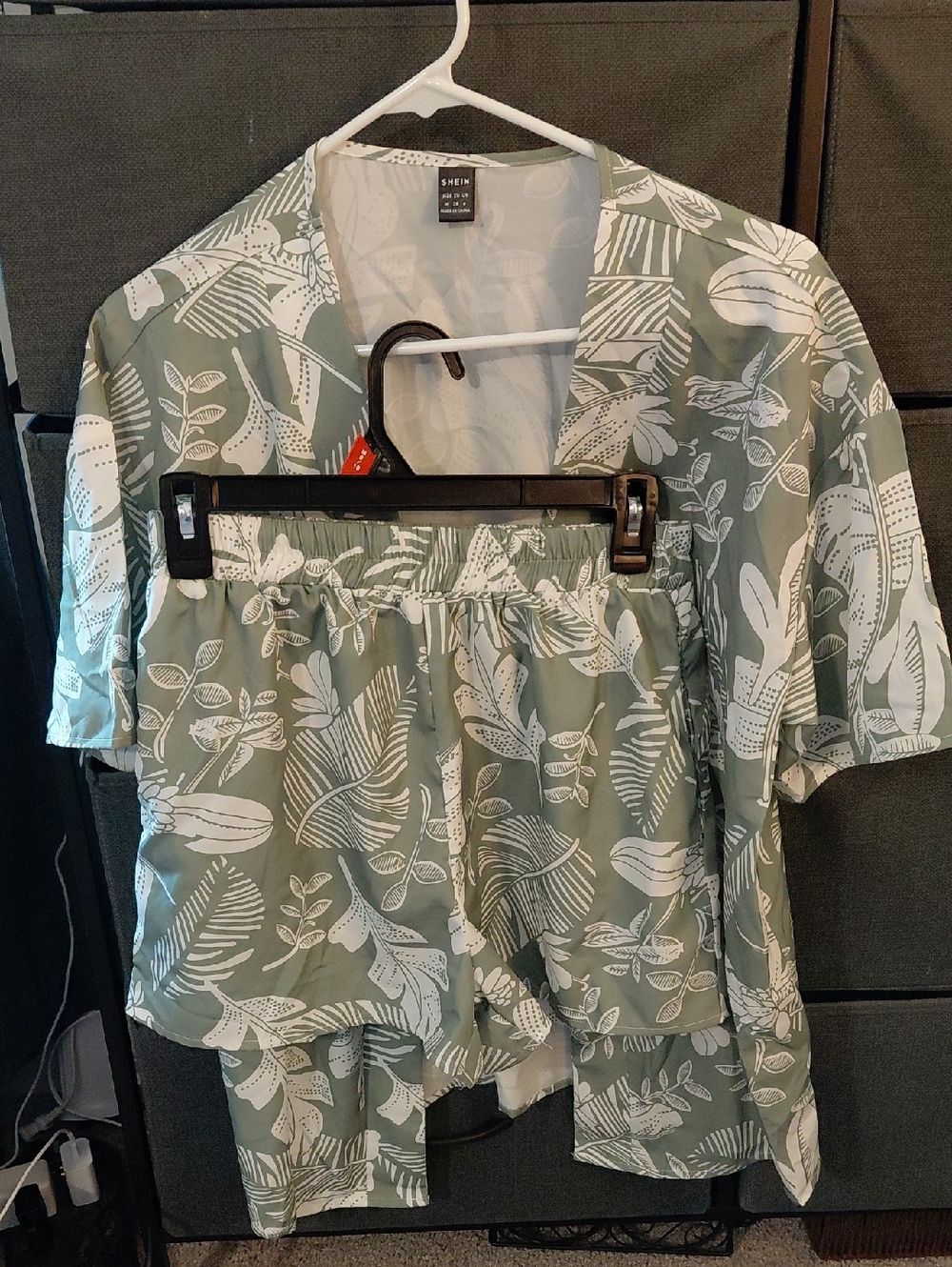 SHEIN Sage Green White Botanical Button-Down Set Top